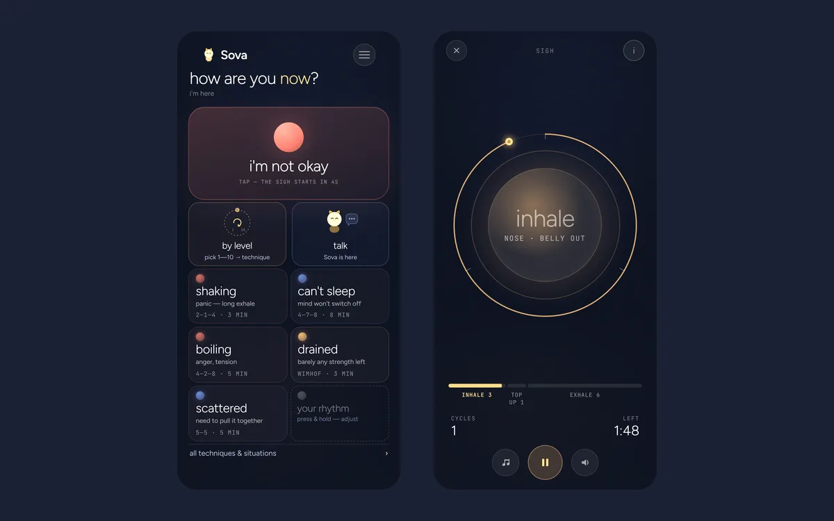 Sova app screens: choosing a state and a breathing session